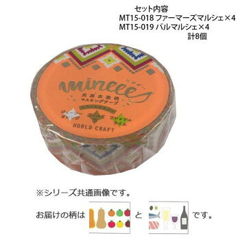 かわいい柄のマスキングテープです。※撮影環境やPCモニターの設定等により、実際の商品と多少色味が異なって見える場合がございます。ご了承ください。サイズ：幅15mm×長さ7m個装サイズ：11.5×10.0×4.0cm重量：個装重量：80gセット内容：・マスキングテープ15mm MT15-018 ファーマーズマルシェ×4・マスキングテープ15mm MT15-019 バルマルシェ×4生産国：中国