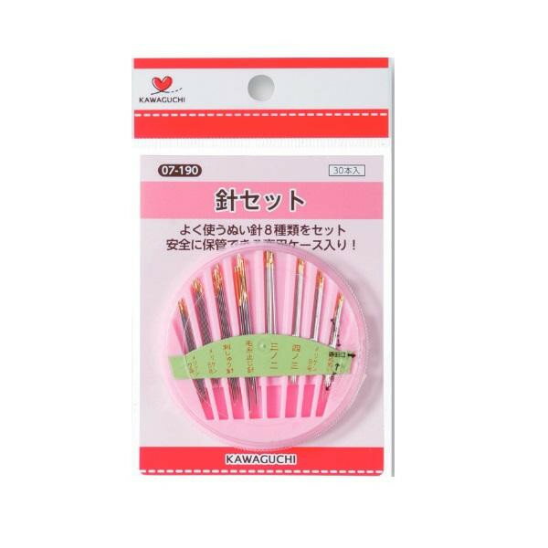 ＜＜ご注意下さい＞＞こちらの商品はメーカーよりお客様へ直接お届けの品になります。 当店での在庫はしておりません。在庫の有無はメーカー在庫のみになりますので、急な欠品や急に廃盤になる可能性がございます。こちらの商品の配送について○北海道・沖縄・離島につきましては、配送不可となりますので予めご了承お願いします。こちらの商品の包装(ラッピング)について○上記の理由(メーカーより直送)により包装はできませんので予めご了承お願いします。こちらの商品の不具合について○お届けしましたこちらの商品に不具合があった場合、商品到着日より1週間以内に当店にご連絡ください。メーカーが直接対応させて頂きます。○お客様がご自身で修理された場合、費用の負担は致しかねますので予めご了承下さい。裁縫で良く使う縫い針のセットです。きぬ針、もめん針など8種類の針をセット。きぬ針、もめん針など8種類の針をセット。サイズ：個装サイズ：1×13×8cm重量：約19g個装重量：20g素材・材質：針:鉄(ニッケルメッキ)仕様：30本入【各サイズ】きぬ針(四ノ三):長さ約39.0mm/太さ約0.53mmきぬ針(きぬぬい):長さ約29.5mm/太さ約0.53mmもめん針:長さ約36.0mm/太さ約0.71mmメリケン針6号:長さ約35.0mm/太さ約0.61mmメリケン針7号:長さ約33.0mm/太さ約0.61mmメリケン針8号:長さ約31.5mm/太さ約0.53mm毛糸とじ針:長さ約45.5mm/太さ約1.06mm刺しゅう針No.3:長さ約42.0mm/太さ約0.84mm生産国：日本