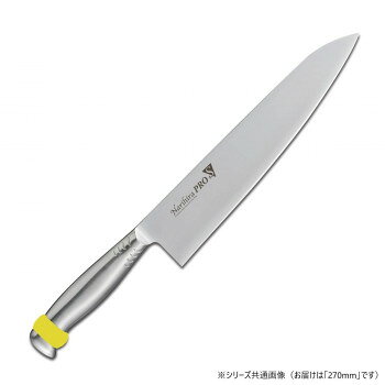着脱可能なカラーシリコンリング付きです。リングの色を目印にして、食材によって使い分けることができます。※掲載画像がパソコンやモニターの環境により、実物商品と多少色の違いが生じる事がございますが、ご了承お願い申し上げます。※リングの取り外しの際は十分にご注意ください。※国内で加工・包装を行っております。サイズ：270mm個装サイズ：44.8×9×2cm重量：個装重量：290g素材・材質：心材:モリブデン特殊鋼ハンドル:18-8ステンレス鋼色分けリング:シリコンゴム生産国：日本