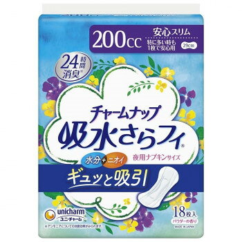 夜用のナプキンサイズで水分・ニオイまでギュッと吸引。高吸収ポリマーとなみなみシートで瞬間吸収し、表面に残る間もなく、お肌サラサラ。また消臭ポリマーと吸着カプセルのダブルニオイ吸着システムで24時間消臭長続き。だから尿もれを気にせず、普段通り過ごせます。※お肌に合わないときは医師に相談してください。※トイレに流さないでください。サイズ：長さ29cm個装サイズ：23.5×17.6×10.8cm重量：360.8g個装重量：370g素材・材質：表面材:ポリオレフィン・ポリエステル不織布仕様：吸収量:200ccセット内容：18枚入り生産国：日本