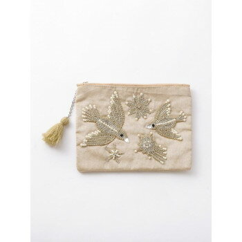 東京かんかん ビーズ鳥刺繍ポーチL ベージュ M42-1681BE 【北海道・沖縄・離島配送不可】(4.0)