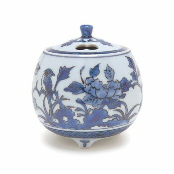 日本香堂 香炉 2.5号 紺釉牡丹に鳥 九谷焼 79304 【北海道・沖縄・離島配送不可】