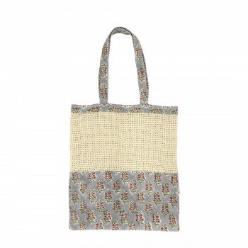 Tote Bag Type - ブロックプリントジュートネットトートバッグ グレー×レッドフラワー 15625750535 【北海道・沖縄・離島配送不可】