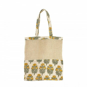 Tote Bag Type - ブロックプリントジュートネットトートバッグ ホワイト×イエローフラワー 15625750537 【北海道・沖縄・離島配送不可】