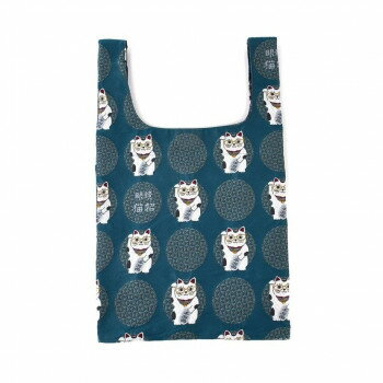 クスグルジャパン コブラン織りバッグ サブバッグ めがね猫招き柄 ブルーグリーン 25-8169 【北海道・沖縄・離島配送不可】