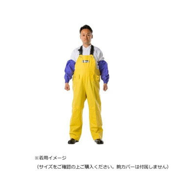 ＜＜ご注意下さい＞＞こちらの商品はメーカーよりお客様へ直接お届けの品になります。 当店での在庫はしておりません。在庫の有無はメーカー在庫のみになりますので、急な欠品や急に廃盤になる可能性がございます。こちらの商品の配送について○北海道・沖縄・離島につきましては、配送不可となりますので予めご了承お願いします。こちらの商品の包装(ラッピング)について○上記の理由(メーカーより直送)により包装はできませんので予めご了承お願いします。こちらの商品の不具合について○お届けしましたこちらの商品に不具合があった場合、商品到着日より1週間以内に当店にご連絡ください。メーカーが直接対応させて頂きます。○お客様がご自身で修理された場合、費用の負担は致しかねますので予めご了承下さい。厚み0.35mmPVCシートとトリコットを貼り合わせた、肌触りの良いソフトな履き心地のサロペット。着脱がしやすいように脇部分にボタン付きのマチが付いています。作業時に膝をついても破れにくい、ひざ部分補強仕様。しっかりした厚みの生地で寒さから守り、土木、現場作業を快適にサポートします。※腕カバーは別売りです。サイズ：23個装サイズ：41×33×2cm重量：個装重量：780g素材・材質：基布:ポリエステル100%(表面に塩化ビニル樹脂引き)仕様：適応胸囲:84〜92cm適応身長:160〜165cm耐水圧(初期値):20000mmH2Oベルト通し付き防水加工生産国：中国