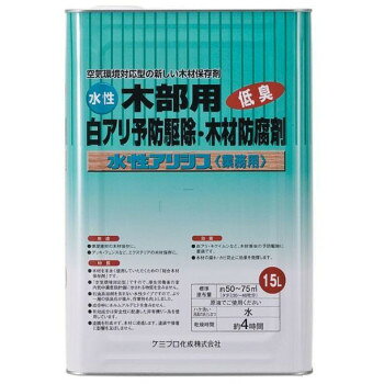 ＜＜ご注意下さい＞＞こちらの商品はメーカーよりお客様へ直接お届けの品になります。 当店での在庫はしておりません。在庫の有無はメーカー在庫のみになりますので、急な欠品や急に廃盤になる可能性がございます。こちらの商品の配送について○北海道・沖縄・離島につきましては、配送不可となりますので予めご了承お願いします。こちらの商品の包装(ラッピング)について○上記の理由(メーカーより直送)により包装はできませんので予めご了承お願いします。こちらの商品の不具合について○お届けしましたこちらの商品に不具合があった場合、商品到着日より1週間以内に当店にご連絡ください。メーカーが直接対応させて頂きます。○お客様がご自身で修理された場合、費用の負担は致しかねますので予めご了承下さい。塗膜を形成せず、木材に浸透し効果を発揮します。空気環境対応型で、厚生労働の室内気中濃度指針値に示される物質は含んでいません。※色見本の色は木材などによっても実際の色とは若干異なります。オレンジ色は塗布したところがわかるように着色しておりますが、塗布した上に壁紙等を使用する際、着色にじみの原因になる恐れがあるため使用はおやめください。【取り扱い及び保管上の注意】■取り扱い・適当な保護具(保護眼鏡、保護マスク、保護手袋、保護服)を着用し、直接薬剤が触れないようにする。・衣類に付着した場合は、新しい保護具に着替え、他の物と分けて洗濯する。・風通しの良い場所で取り扱うか、強制的に換気を行う。・使用後は石けんでよく洗う。■保管場所・十分に管理された室内の冷暗所に、密封して保管する。・一度凍結した薬剤は使用に適さないので、凍結に注意する。・保管は食品類など、他のものと区別して専用の場所に保管する。・漏洩などにより、食品、飼料、水系などのない場所に保管する。【応急処置】■目に入った場合:速やかに清浄な流水で15分以上洗眼した後、必要に応じて医師の診断を受ける。■皮膚に付着した場合:速やかに流水で洗い流した後、さらに石鹸でよく洗う。かぶれなどが見られる場合は医師の診断を受ける。■吸入した場合:速やかに空気の新鮮な場所に移動させる。鼻や喉に刺激がある場合はうがいを行い、医師の診断を受ける。■飲み込んだ場合:無理に吐き出させたりせずに、ただちに医師の診断を受ける。【漏洩時の措置】・容器から漏れている場合は、別の空容器に移し替える。空容器がすぐに入手できない場合は、破損容器を上にして安全な場所に移して保管する。・適当な吸収材(布、紙、ウエスなど)にてふき取り、回収する。ふき取った後の吸収材は、焼却処分する。・河川・池などの水域に流入すると水棲生物に影響を与える恐れがあるので注意する。サイズ：個装サイズ：23.5×23.5×35cm重量：個装重量：15300g成分：(主成分)シラフルオフェン(防虫成分)、シプロコナゾール(防腐成分)、IF-NR(防カビ成分)(その他成分)アニオン・ノニオン系界面活性剤、アクリル樹脂、消泡剤、水仕様：標準塗布量:約50〜75平米(タタミ30〜46枚分)うすめず原液で使用乾燥時間:約4時間ハケ洗い:水取扱説明は商品裏面に記載生産国：日本