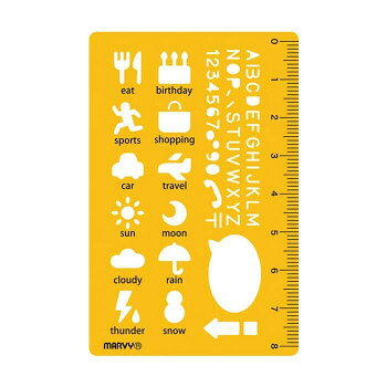 テンプレートでマークを描いて日常の出来事を記録したり、メッセージカード・ふせんにデコレーションできます。手帳を可愛く楽しく演出します。名刺サイズでコンパクト。持ち運びにも便利です。※シャープペンは0.5mm以下で使用可能です。マーカーは0.3mm以下、にじみにくい顔料インクのフォードローイングがオススメです。サイズ：横55×縦85×厚さ0.6mm、個装サイズ：7×11×1cm重量：個装重量：6g素材・材質：本体:オレンジブチレート製生産国：日本