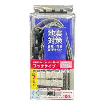 落下防止ベルトのフックタイプ。軽中量ラックのLアングル(S・Mサイズ)、Cチャンネル(S・Mサイズ)の長穴に引っ掛けて設置。フック形状C型のワンタッチ樹脂バックルタイプ。サイズ：1200×28×10mm、個装サイズ：4×8×17cm重量：65g、個装重量：75g素材・材質：ワンタッチバックル:樹脂、ベルト:ポリプロピレン生産国：日本