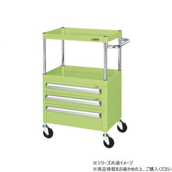 ＜＜ご注意下さい＞＞こちらの商品はメーカーよりお客様へ直接お届けの品になります。 当店での在庫はしておりません。在庫の有無はメーカー在庫のみになりますので、急な欠品や急に廃盤になる可能性がございます。こちらの商品の配送について○北海道・沖縄・離島につきましては、配送不可となりますので予めご了承お願いします。こちらの商品の包装(ラッピング)について○上記の理由(メーカーより直送)により包装はできませんので予めご了承お願いします。こちらの商品の不具合について○お届けしましたこちらの商品に不具合があった場合、商品到着日より1週間以内に当店にご連絡ください。メーカーが直接対応させて頂きます。○お客様がご自身で修理された場合、費用の負担は致しかねますので予めご了承下さい。棚板を逆さにするだけで、皿型・フラット型と組み替えることができます。安価で耐久性に優れるゴム車を採用。収納に便利な引出し付です。※配達希望日の明記は可能ですが、確約ではございません。※この商品は6個口での出荷になります。(目安個装サイズ:110×805×45mm:3.1kg/200×250×80mm:2.4kg/420×640×105mm:7.95kg/145×410×60mm:0.7kg/455×645×110mm:9.25kg/455×645×185mm:12.45kg)※お届けは車上渡しとなります。※搬入場所の状況等によって搬入制限や追加料金が生じる場合があります。※法人への配送の場合は、必ず法人名をご記載ください。サイズ：個装サイズ：11×81×5cm重量：個装重量：3100g仕様：外寸:W600×D400×H880mm均等耐荷重:100kg本体色:グリーン質量:41kgキャスター:100φゴム車段数:2支柱:クロムメッキ25.4φ引出し:浅引出し(有効内寸法W478×D318×H64mm)2段、深引出し(有効内寸法W478×D318×H143mm)1段改正RoHS10物質対応組立式生産国：日本