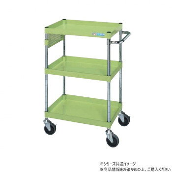 ＜＜ご注意下さい＞＞こちらの商品はメーカーよりお客様へ直接お届けの品になります。 当店での在庫はしておりません。在庫の有無はメーカー在庫のみになりますので、急な欠品や急に廃盤になる可能性がございます。こちらの商品の配送について○北海道・沖縄・離島につきましては、配送不可となりますので予めご了承お願いします。こちらの商品の包装(ラッピング)について○上記の理由(メーカーより直送)により包装はできませんので予めご了承お願いします。こちらの商品の不具合について○お届けしましたこちらの商品に不具合があった場合、商品到着日より1週間以内に当店にご連絡ください。メーカーが直接対応させて頂きます。○お客様がご自身で修理された場合、費用の負担は致しかねますので予めご了承下さい。棚板を逆さにするだけで、皿型・フラット型と組み替えることができます。油に強く床面に跡がつきにくいナイロンウレタン車を採用。側面に小物を引っ掛けられるパンチングパネル付。※配達希望日の明記は可能ですが、確約ではございません。※この商品は6個口での出荷になります。(目安個装サイズ:110×805×45mm:3.1kg/200×250×80mm:2kg/420×640×105mm:7.95kg/420×625×50mm:4.2kg/145×410×60mm:0.7kg/160×420×50mm:1kg)※お届けは車上渡しとなります。※搬入場所の状況等によって搬入制限や追加料金が生じる場合があります。※法人への配送の場合は、必ず法人名をご記載ください。サイズ：個装サイズ：11×81×5cm重量：個装重量：3100g仕様：外寸:W600×D400×H880mm均等耐荷重:150kg本体色:グリーン質量:15kgキャスター:100φナイロンウレタン車段数:3支柱:クロムメッキ25.4φ、棚板調整ピッチ50mmパネル寸法:W320×H147mm改正RoHS10物質対応組立式生産国：日本
