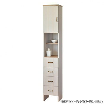 ＜＜ご注意下さい＞＞こちらの商品はメーカーよりお客様へ直接お届けの品になります。 当店での在庫はしておりません。在庫の有無はメーカー在庫のみになりますので、急な欠品や急に廃盤になる可能性がございます。こちらの商品の配送について○北海道・沖縄・離島につきましては、配送不可となりますので予めご了承お願いします。こちらの商品の包装(ラッピング)について○上記の理由(メーカーより直送)により包装はできませんので予めご了承お願いします。こちらの商品の不具合について○お届けしましたこちらの商品に不具合があった場合、商品到着日より1週間以内に当店にご連絡ください。メーカーが直接対応させて頂きます。○お客様がご自身で修理された場合、費用の負担は致しかねますので予めご了承下さい。フランスの田舎町をテーマとした自然体で飾らないデザインのランドリー収納です。農園のある田舎町で使われているような温かみのある色合いやデザインにもこだわったフレンチカントリー家具です。洗面台や洗濯機横の隙間を収納スペースへと変えてしまう収納ラックです。扉収納とオープン収納、引き出し収納の組み合わせで、洗剤やタオルコスメなどの小物類も収納可能です。必要工具:プラスドライバー、ゴムハンマー※組立家具を含む木材加工品は、組み立て方や設置環境によってサイズに誤差が生じる場合がございます。※また掲載商品の仕様等はメーカーのリニューアルに伴い、予告なく変更する場合もございますので予めご了承ください。※実物の商品になるべく近いお色になるよう努めておりますが、 お客様のご使用のモニターやブラウザなどの環境により、 色の見え方が実物と多少異なる場合がございます。 予めご了承ください。サイズ：外寸:幅30.8×奥行32×高さ182cm、個装サイズ：106×32×18cm重量：19kg、個装重量：20000g素材・材質：パーティクルボードプリント化粧繊維板(MDF)仕様：組立式低ホルムアルデヒド仕様移動棚:3枚扉内:2枚オープン部:1枚耐荷重固定棚耐荷重:10kg移動棚耐荷重:5kg引出し耐荷重:5kg付属品：転倒防止バンド引出しストッパー生産国：日本