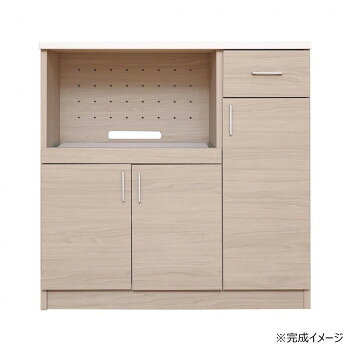 ＜＜ご注意下さい＞＞こちらの商品はメーカーよりお客様へ直接お届けの品になります。 当店での在庫はしておりません。在庫の有無はメーカー在庫のみになりますので、急な欠品や急に廃盤になる可能性がございます。こちらの商品の配送について○北海道・沖縄・離島につきましては、配送不可となりますので予めご了承お願いします。こちらの商品の包装(ラッピング)について○上記の理由(メーカーより直送)により包装はできませんので予めご了承お願いします。こちらの商品の不具合について○お届けしましたこちらの商品に不具合があった場合、商品到着日より1週間以内に当店にご連絡ください。メーカーが直接対応させて頂きます。○お客様がご自身で修理された場合、費用の負担は致しかねますので予めご了承下さい。広々とした天板は作業台としても家電置き場としても最適です。角丸設計で安心です。スタイリッシュで掴みやすいシルバーの取っ手になっております。カトラリーや小物の収納に便利な引き出し1杯が付いております。スライド棚は最大35.5cmも引き出すことが可能。スライド棚の背面には通気性を確保するための通気孔を設け、さらに大きめの配線穴でコード類も楽々通せる快適設計です。必要工具:プラスドライバー、ゴムハンマー左扉内は3cm間隔で5段階設定可能な移動棚が1枚付き。右扉内は3cm間隔で13段階設定可能な移動棚が2枚付き。※組立家具を含む木材加工品は、組み立て方や設置環境によってサイズに誤差が生じる場合がございます。※品質向上のため、商品の一部仕様を予告なく変更する場合がございます。※また木目の出方や色味は一点ごとに異なります。予めご理解いただけますようお願いいたします。サイズ：外寸:幅89×奥行47×高さ88.5cm、個装サイズ：96×48×23cm重量：約32.5kg、個装重量：33500g素材・材質：パーチクルボードプリント化粧繊維板(MDF)仕様：組立式低ホルムアルデヒド仕様耐荷重天板耐荷重:30kg固定棚板耐荷重:10kg移動棚板耐荷重:5kgスライド棚耐荷重:10kg引き出し耐荷重:3kg生産国：日本