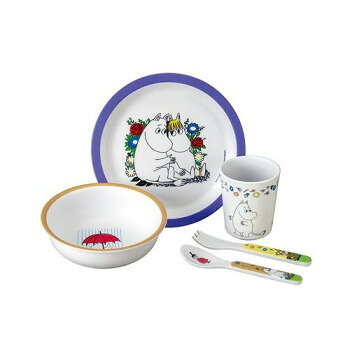 メラミン食器の5点セットです。このセット1つでプレートからカトラリーまで揃うので、お子さまにとって楽しい食事タイムを過ごすことができます。※火のそばに置かないでください。サイズ：スプーン:約W33×H140×D16mm、フォーク:約W23×H140×D10mm、プレート:約φ180×H20mm、ボウル:約φ140×H45mm、カップ:約φ68×H80mm、個装サイズ：27.5×9.5×19.5cm重量：個装重量：300g素材・材質：メラミン樹脂仕様：(C)Moomin Characters TM耐熱温度:70度食洗機:使用可電子レンジ:使用不可対象月齢:生後6ヶ月以上セット内容：プレートボウルカップスプーンフォーク生産国：中国