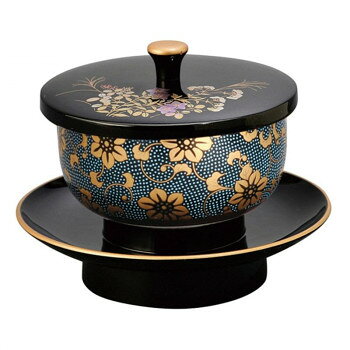 鉄仙穴あき茶托セット 九谷焼茶碗付 黒(フチ金)/青粒鉄仙 532342027w091 【沖縄配送不可】