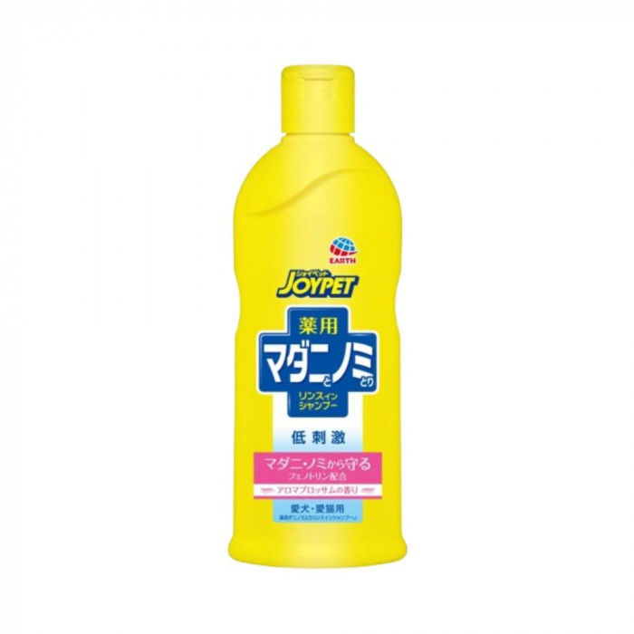有効成分フェノトリンが被毛のすみずみまで広がります。低刺激で、デリケートな愛犬・愛猫にやさしい植物由来の洗浄成分配合。アロマブロッサムの香りです。【使用上の注意】※本剤は効能又は効果において定められた目的にのみ使用し、定められた用法及び用量を厳守する。※湿疹・皮膚炎・傷等皮膚障害があるときは使用しないこと。※生後3か月未満の幼犬・幼猫には使用しない。※液が目・口・耳に入らないように注意する。商品区分：動物用医薬部外品内容量：330mlサイズ：個装サイズ：21.2×4.2×4.0cm重量：個装重量：380g成分：有効成分:フェノトリン仕様：商品区分:動物用医薬部外品名称:ジョイペット　薬用マダニとノミとりシャンプーアロマブロッサム330ml対象:愛犬・愛猫生産国：日本製造（販売）者情報：販売者:アース・ペット株式会社/〒101-0048 東京都千代田区神田司町二丁目14番地3 Act Terrace 3F