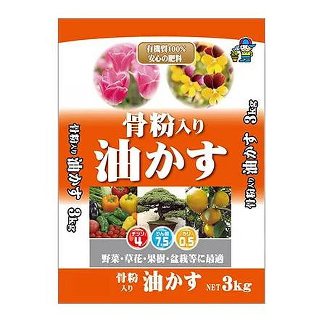 ＜＜ご注意下さい＞＞こちらの商品はメーカーよりお客様へ直接お届けの品になります。 当店での在庫はしておりません。在庫の有無はメーカー在庫のみになりますので、急な欠品や急に廃盤になる可能性がございます。こちらの商品の配送について○北海道・沖縄・離島につきましては、配送不可となりますので予めご了承お願いします。こちらの商品の包装(ラッピング)について○上記の理由(メーカーより直送)により包装はできませんので予めご了承お願いします。こちらの商品の不具合について○お届けしましたこちらの商品に不具合があった場合、商品到着日より1週間以内に当店にご連絡ください。メーカーが直接対応させて頂きます。○お客様がご自身で修理された場合、費用の負担は致しかねますので予めご了承下さい。菜種油を絞った粕の肥料で、代表的な有機肥料に遅効性のリン酸肥料を配合し、肥効が長続きします。花を咲かせ、実をつける植物には欠かせない肥料です。【使い方】野菜・草花・花木全般に使える、基本的な有機質肥料です。初期の成長促進に効果があります。※梱包時 破損防止のため別商品の袋を再利用し梱包することがございます。※離島への配送はお受けできません。サイズ：39×28×6cm、個装サイズ：39×28×30cm重量：個装重量：15000g仕様：粒・粉ミックス内容量:3kg生産国：日本