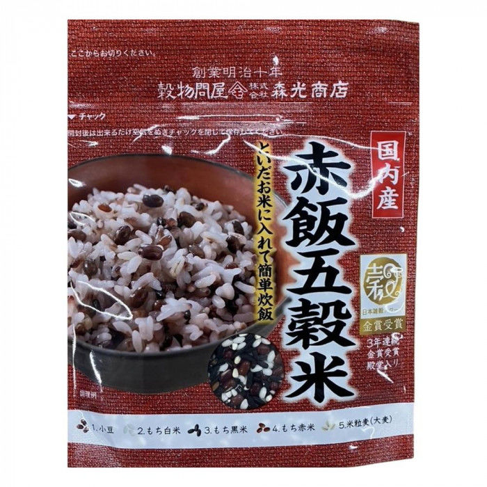 ＜＜ご注意下さい＞＞こちらの商品はメーカーよりお客様へ直接お届けの品になります。 当店での在庫はしておりません。在庫の有無はメーカー在庫のみになりますので、急な欠品や急に廃盤になる可能性がございます。こちらの商品の配送について○北海道・沖縄・離島につきましては、配送不可となりますので予めご了承お願いします。こちらの商品の包装(ラッピング)について○上記の理由(メーカーより直送)により包装はできませんので予めご了承お願いします。こちらの商品の不具合について○お届けしましたこちらの商品に不具合があった場合、商品到着日より1週間以内に当店にご連絡ください。メーカーが直接対応させて頂きます。○お客様がご自身で修理された場合、費用の負担は致しかねますので予めご了承下さい。小豆、もち米を含む5種類の国産雑穀を使い、炊飯器で簡単にお赤飯のような色合いの雑穀ごはんが炊き上がるように、バランスよくブレンドしました。もちもちした雑穀ごはんをお楽しみください。炊飯する白米の量に合わせて「調節」できるように、あえて分包にせず、バラタイプに仕上げました。内容量：150gサイズ：個装サイズ：18.0×15.0×3.0cm重量：個装重量：900g仕様：賞味期間：製造日より360日セット内容：6セット生産国：日本原材料：名称：炊飯用穀類小豆(国産)、もち白米、もち黒米、もち赤米、米粒麦(大麦)保存方法：直射日光のあたる所、高温多湿の所をさけて保存してください。製造（販売）者情報：【加工者】株式会社森光商店佐賀県鳥栖市藤木町字若桜9-7