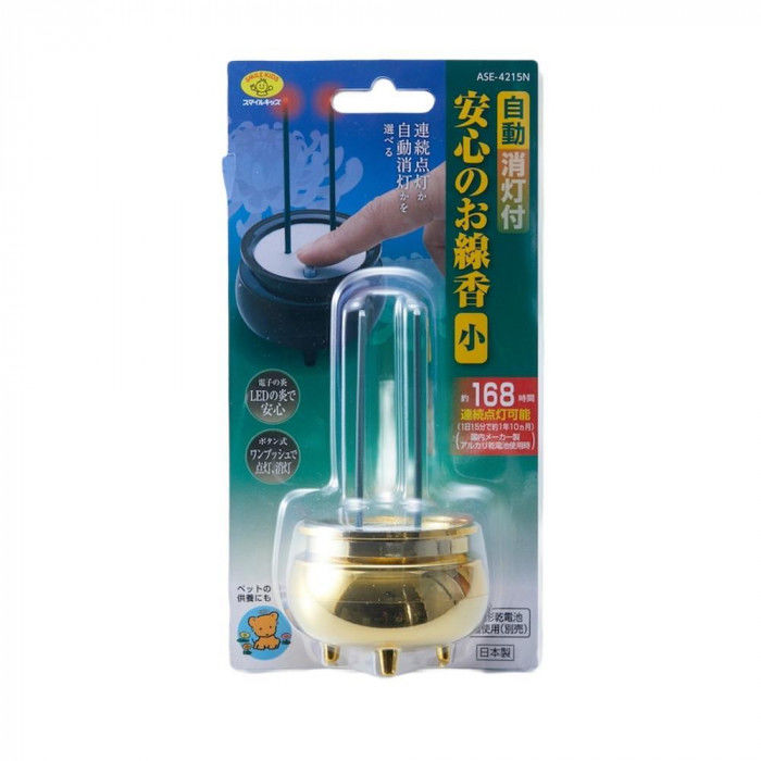 ＜＜ご注意下さい＞＞こちらの商品はメーカーよりお客様へ直接お届けの品になります。 当店での在庫はしておりません。在庫の有無はメーカー在庫のみになりますので、急な欠品や急に廃盤になる可能性がございます。こちらの商品の配送について○北海道・沖縄・離島につきましては、配送不可となりますので予めご了承お願いします。こちらの商品の包装(ラッピング)について○上記の理由(メーカーより直送)により包装はできませんので予めご了承お願いします。こちらの商品の不具合について○お届けしましたこちらの商品に不具合があった場合、商品到着日より1週間以内に当店にご連絡ください。メーカーが直接対応させて頂きます。○お客様がご自身で修理された場合、費用の負担は致しかねますので予めご了承下さい。LEDで安心・安全のお線香です。消し忘れても安心の自動消灯機能付きです。ボタンを押して点灯/消灯します。※電池は付属しません。サイズ：φ68×H120mm、個装サイズ：95×32×32cm重量：個装重量：500g素材・材質：ABS仕様：単4乾電池2個(別売り)生産国：日本