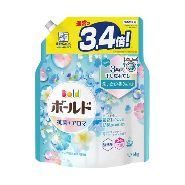 （まとめ） P＆Gボールドジェル 爽やかフレッシュフラワーサボンの香り つめかえ用 超ジャンボサイズ 1.36kg 1パック 〔×5セット〕 【北海道・沖縄・離島配送不可】