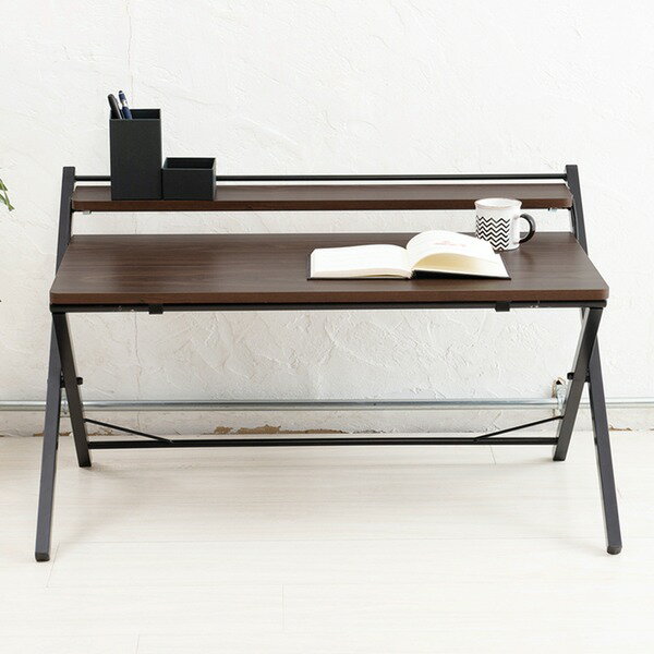 棚付折りたたみワークデスク(ロータイプ/ブラウン) 幅80cm 折りたたみ式/テーブル/机/木目/収納/テレワ..
