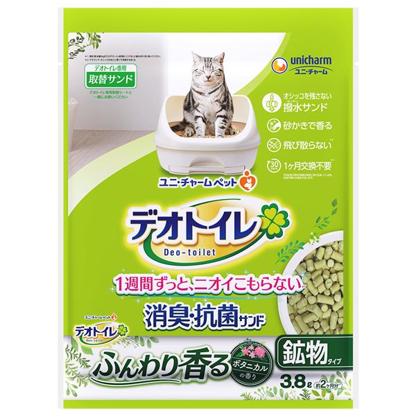 ＜＜ご注意下さい＞＞こちらの商品はメーカーよりお客様へ直接お届けの品になります。 当店での在庫はしておりません。在庫の有無はメーカー在庫のみになりますので、急な欠品や急に廃盤になる可能性がございます。こちらの商品の配送について こちらの商品につきましてはメーカーより直接お客様へ配送しております。メーカーが使用する運送会社の都合により配送条件が通常の商品と異なりますのでよろしくお願いします。こちらの商品の包装(ラッピング)について○上記の理由(メーカーより直送)により包装はできませんので予めご了承お願いします。こちらの商品の不具合について○お届けしましたこちらの商品に不具合があった場合、商品到着日より1週間以内に当店にご連絡ください。メーカーが直接対応させて頂きます。○お客様がご自身で修理された場合、費用の負担は致しかねますので予めご了承下さい。■商品内容・撥水サンドで、サンド表面にオシッコ汚れを残さず通過し、ニオわない・砂かきするたび香りのカプセルがはじけて香りが発生・ミクロの穴でニオイを吸着して強力消臭・1ヶ月交換不要・手足に挟まりにくい大きさで、飛び散りにくい■商品スペック■材質/素材：ゼオライト、香料マイクロカプセル■原産国または製造地：日本■保管方法：・本品は直射日光・高温多湿を避け、食器、おもちゃ、ペットフード等と区別し、小児の手の届かない場所に保管してください。また開封後は、ほこりや虫が入らないよう封をしっかり閉じて保管し、お早めにご使用ください。・本品の空き袋をおもちゃにしないでください。■諸注意：・本品は＜デオトイレ＞専用です。用途以外には使用しないでください。・本品は食べられません。飲み込んだ場合は医師や獣医師にご相談ください。・本品の香りが猫ちゃんやお客様に合わない場合は、使用を中止してください。その際は、香り付きではない＜デオトイレ専用取替サンド＞へ変更いただくことをお勧めします。・本品は天然由来の原料を使用しているため、色・見た目、においなどが異なる場合がありますが品質に問題はありません。・万一、サンドがトイレから飛び散った時は、すぎに片づけてください。足を滑らせる恐れがあります。・本品が万が一、人の目に入った場合は流水で洗い流し、医師にご相談ください。動物の目に入った場合は、獣医師にご相談ください。【キャンセル・返品について】商品注文後のキャンセル、返品はお断りさせて頂いております。予めご了承下さい。【特記事項】商品パッケージは予告なく変更される場合があり、登録画像と異なることがございます。