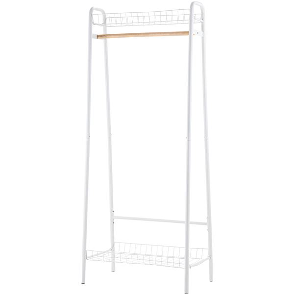モダン ハンガーラック/コートハンガー 〔ホワイト〕 幅70×奥行44×高さ170cm 木製 スチール かご付き 〔組立品〕 【北海道・沖縄・離島配送不可】