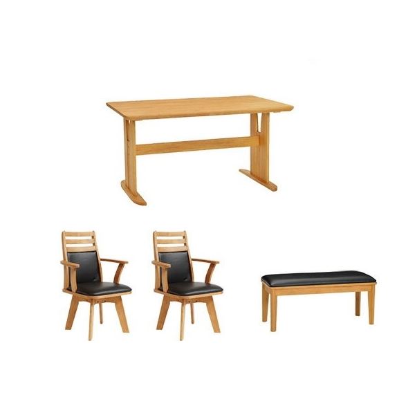 〔4点セット〕ダイニングテーブル1台＆回転チェア×2脚＆ベンチ×1脚セット 木製 ブラッシング加工 ナチュラル 【北海道・沖縄・離島配送不可】