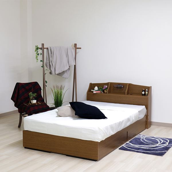 ベッド 日本製 ブラウン セミダブル マットレスセット ポケットコイル 収納付き 引き出し付き 棚付き 宮付き コンセント付き 照明付き セミダブルベッド 【北海道・沖縄・離島配送不可】