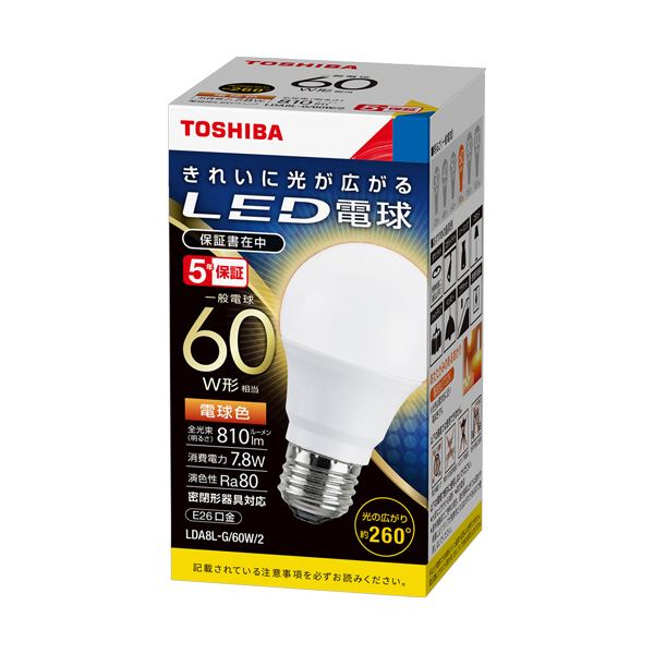 （まとめ）東芝ライテック LED電球 一般電球形 E26口金 7.8W 電球色 LDA8L-G/60W/2 1個 〔×5セット〕 【北海道・沖縄・離島配送不可】