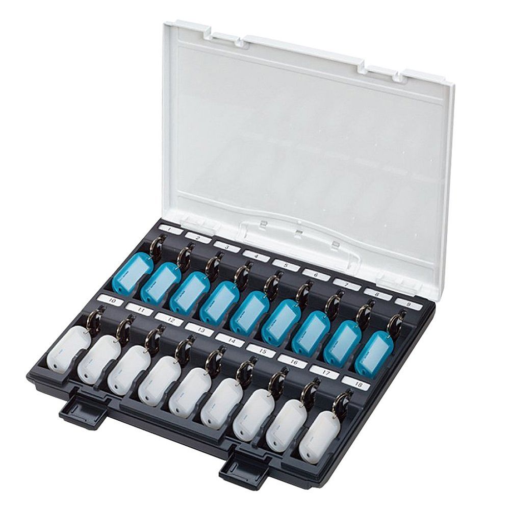 ●かさばらないスリムサイズ。引き出しやA4サイズのファイルボックスにもすっきり収納できます。●付属のキーホルダー型名札を18個まで収容可能。鍵はスライドするだけでロックができ、持ち運んでも脱落しません。●セキュリティに配慮した不透明タイプで...