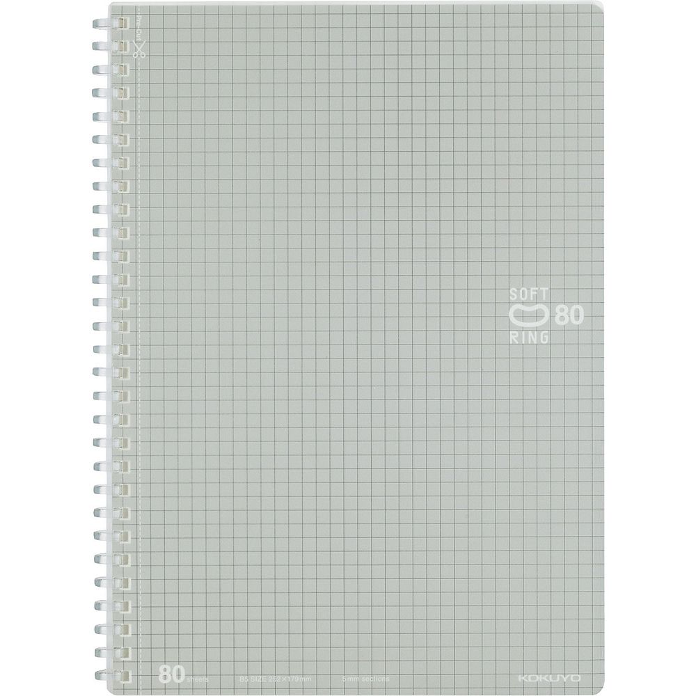 メール便発送商品（送料込み）※こちらの商品はメール便にて「ポスト投函」でのお届けになります。※代金引換はご利用いただけません。※お届け日時のご指定はできません。※宅配便送料別の商品と同梱の場合、宅配便の送料となります。※通常、出荷後1〜4日程度でのお届けとなります。※荷物問合せ番号よりお荷物の追跡が可能です。●コクヨ独自開発の“新感覚やわらかリング”を採用したリングノートです。●平らに開くので書き込みやすい、平らに折り返せるので狭い場所でも心地よく使える、といったリングノートのよさはそのままに、書くときリングに手が当たっても気にせず端まで美しく書ける、これからの新定番ノートです。●リング形状が“Dの字型”になっているので、リング幅がコンパクトでリングノート特有のかさばり感がありません。●ノートの枚数はたっぷり書ける80枚です。●必要なページだけをきれいに切り離せる、マイクロミシン目入りのカットオフタイプです。●図や表が書きやすい5mm方眼罫を採用しました。サイズ：6号（セミB5)中紙寸法（タテ・ヨコ）(mm)：252・179罫内容：5mm方眼罫枚数：80枚●中紙/上質紙●表紙/表：透明PP、裏：板紙●リング/オレフィン系樹脂●表紙扉紙/C・・・シルバー