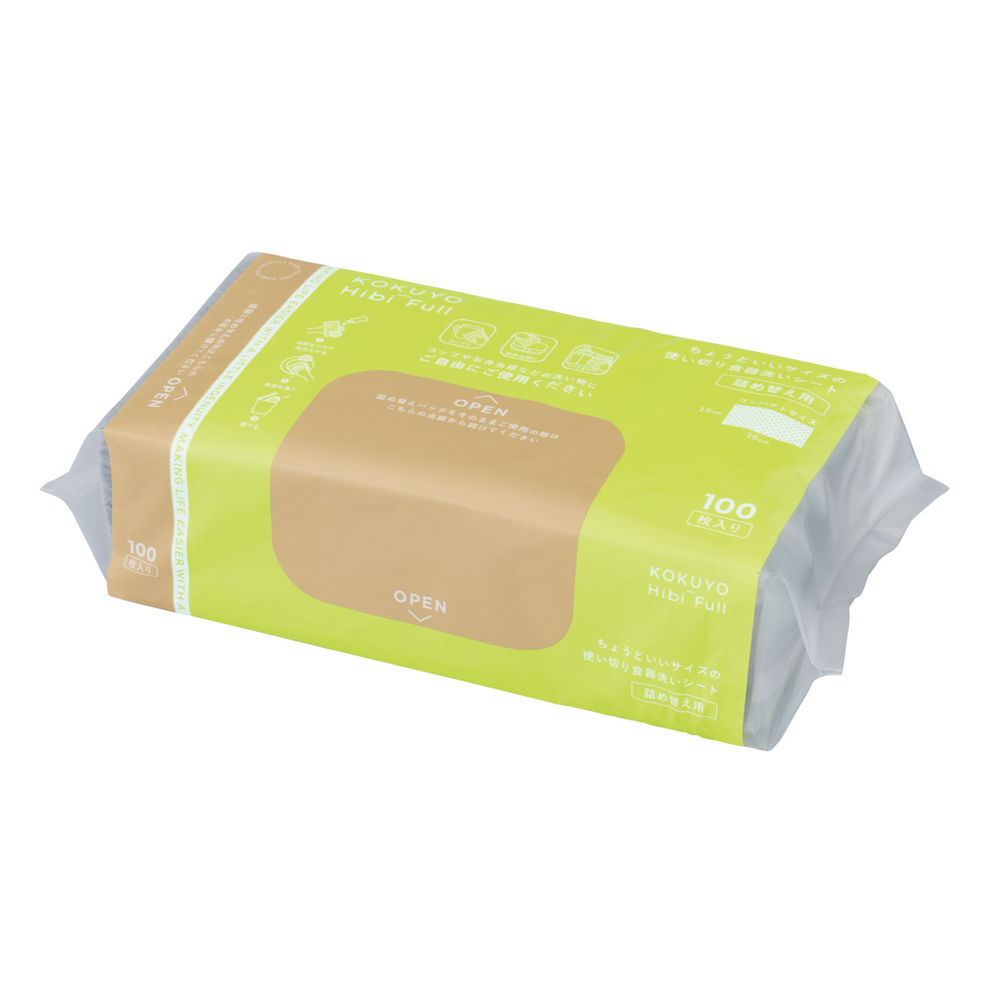 ちょうどいいサイズの使い切り食器洗いシートの箱パッケージに詰め替えても使える食器洗いシート。ちょうどいいサイズの使い切り食器洗いシートです。1回分にちょうどいいコンパクトサイズなので、洗ってそのまま捨てやすく、共用スポンジを使わずに衛生的に食器洗いができます。使い方をイラスト付きで丁寧に記載したパッケージデザインなので、初めての方でも迷わず使え、職場での設置にも安心です。ザラザラしたスクラブ加工で、油汚れや水アカまで頑固な汚れをしっかり落とします。洗剤をつけて泡立てて使えるので、コップやお弁当箱などの食器洗いにもしっかり対応できます。やわらかいシート形状で、コップやお弁当箱のふちまでフィット。洗い残しがちな場所にも届かせやすい設計です。研磨剤不使用なので、食器や調理器具の表面を傷つけにくく、安心してお使いいただけます。シートは片手でも1枚ずつさっと取り出しやすい仕様です。ポリエチレン製のパッケージで水周りでも使いやすい仕様です。ちょうどいいサイズの使い切り食器洗いシートの箱パッケージに詰め替えてもお使いいただけます。詰め替え用100枚入りシートサイズ：10×20cm【商品仕様】サイズ：W210×D105×H80シートサイズ：W200×100枚数：100枚材質：ポリプロピレン【ご使用上の注意】●水に溶けませんので、水洗トイレなどには流さないでください。●酸性・アルカリ性洗剤、漂白剤、市販のクレンザーとの併用はしないでください。●材質によっては、強くこすると傷つく場合があります。●傷のつきやすいもの、傷がついて困るものには使用しないでください。●漆器、パソコンなどの液晶画面、ワックスがけをしているフローリングなどには使用しないでください。●顔や身体に使用しないでください。●調理直後の熱い鍋やフライパンなどは洗わないでください。●火気の近くで使用や保管をしないでください。●ごみの分別にあたっては、各自治体の区分にしたがってください。