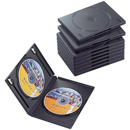 　●ELECOM CCD-DVD06BK DVDトールケース2枚収納ケースタイプならより省スペース化できます。●カラー／ブラック●寸法／幅136×奥行15×高さ191mm●材質／ポリプロピレン●収容量／CD・DVD・Blu−ray2枚（1個）●単位（入数）／1パック（10枚入）●メーカー品番／CCD-DVD06BK※表紙を収納できます。