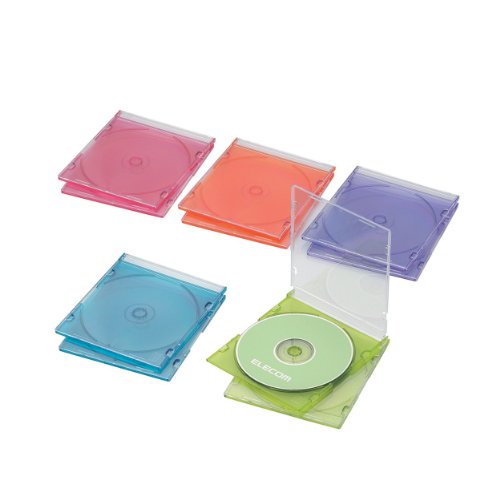 　●収容メディア:Blu-ray Disc/DVD/CD●収容枚数(ケース1枚あたり):1枚●ジャケット収納:○●入り数:10●材質:ポリスチレン厚さ約5mmのスリムタイプ。コンパクトに収納できるスリムタイプのBlu-ray/DVD/CDケース。●厚さ約5mmのスリムタイプのBlu-ray/DVD/CDケースです。スリムタイプなので、同じスペースでも標準タイプに比べて多くの枚数を収納可能です。●透明度が高い100％バージンPS樹脂使用。再生材を含まないので、においも少なく耐久性に優れています。●ケース1枚につきディスク1枚を収納可能です。●ケース内側に歌詞カードやインデックスカードも収納可能です。 / ●　仕　様　●収容メディア：Blu-ray Disc/DVD/CD収容枚数(ケース1枚あたり)：1枚ジャケット収納：○外形寸法：幅142.0×奥行5.2×高さ125　重量：37g(1枚)入り数：10材質：ポリスチレンカラー：5色アソート（クリアピンク/クリアオレンジ/クリアグリーン/クリアブルー/クリアパープル）