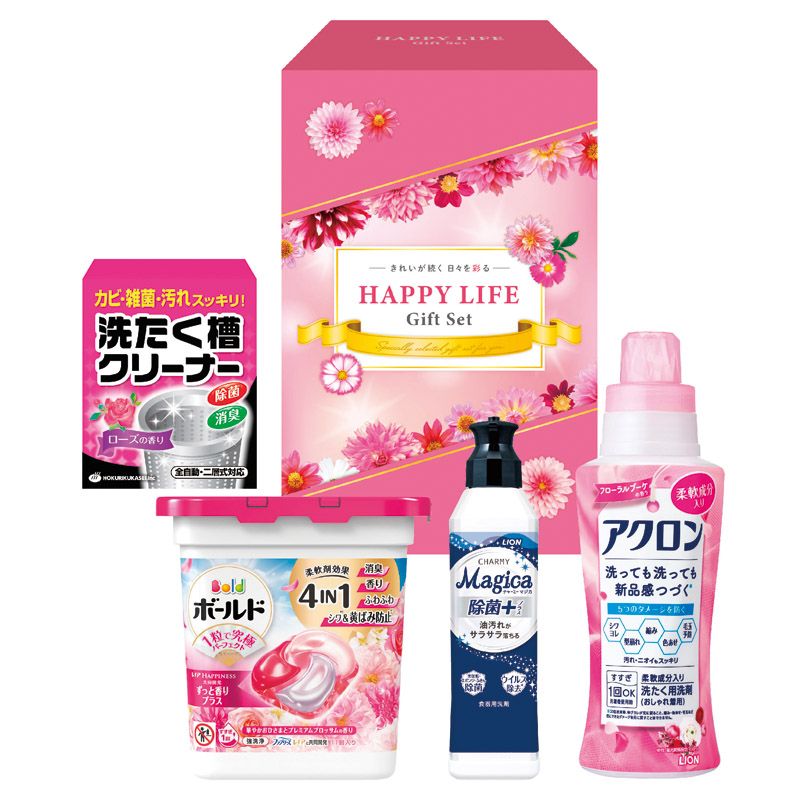 こちらの商品の配送について★北海道・沖縄・離島は配送不可となります。こちらの商品の包装(ラッピング)について○ラッピング・のし承ります（有料）。○「のし種類」と「のし名入れ」はご注文時備考欄にご記載下さい。（のしはラッピングと一緒にご注文下さい。のしのみのご指定は不可となります。）注文者名とお届け先名が異なる場合は「（注文者名）様ご依頼分」と送り状に記載して発送いたします。★ラッピング・のしをご指定の場合は、商品出荷まで5日程度かかります。きれいが続く 日々を彩る【セット内容】セット内容/P&Gボールドジェルボール4D（11個）・ライオンアクロン フローラルブーケの香り（450ml）・ライオンチャーミーマジカ除菌+（プラス）（220ml）・洗濯槽クリーナーローズの香り（50g×2包入）×各1【本体重量】1.3kg【箱サイズ】13.5×16×24.5cm[ 洗剤ギフト 洗濯洗剤 セット ]