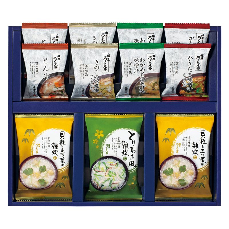 こちらの商品の配送について★北海道・沖縄・離島は配送不可となります。こちらの商品の包装(ラッピング)について○ラッピング・のし承ります（有料）。○「のし種類」と「のし名入れ」はご注文時備考欄にご記載下さい。（のしはラッピングと一緒にご注文下さい。のしのみのご指定は不可となります。）注文者名とお届け先名が異なる場合は「（注文者名）様ご依頼分」と送り状に記載して発送いたします。★ラッピング・のしをご指定の場合は、商品出荷まで5日程度かかります。素材と味付けにこだわって、香り立つ美味しさをそのままパックしました。どなたに贈っても喜ばれるフリーズドライのギフトです。【セット内容】セット内容/貝柱と三つ葉の雑炊・とん汁・きのこのお吸物ひき雲仕立・わかめと油あげの味噌汁・かきたま味噌汁赤だし仕立×各2、とりわさ風雑炊×1【箱サイズ】27.3×32.5×5.5cm【賞味期間】常温1年【アレルゲン】卵・小麦【アレルゲンその他】大豆・ 鶏肉・ ゼラチン・ さば・ 豚肉[ みそ汁 味噌汁 惣菜 セット 詰め合わせ ギフト ]