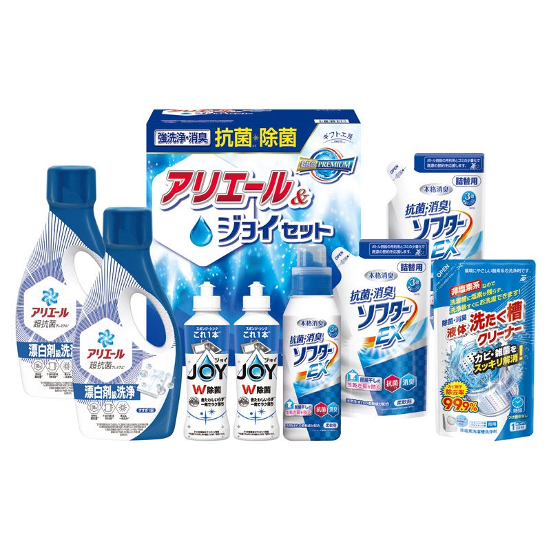 こちらの商品の配送について★北海道・沖縄・離島は配送不可となります。こちらの商品の包装(ラッピング)について○ラッピング・のし承ります（有料）。○「のし種類」と「のし名入れ」はご注文時備考欄にご記載下さい。（のしはラッピングと一緒にご注文下さい。のしのみのご指定は不可となります。）注文者名とお届け先名が異なる場合は「（注文者名）様ご依頼分」と送り状に記載して発送いたします。★ラッピング・のしをご指定の場合は、商品出荷まで5日程度かかります。抗菌力に優れたアリエールに本格消臭の抗菌・消臭柔軟剤とW除菌の食器洗い洗剤ジョイをセットしました。【セット内容】セット内容/P&Gアリエールジェル（700g）・抗菌消臭ソフターEX（詰替）（350g）・P&G除菌ジョイ（170ml）×各2、抗菌消臭ソフターEX・液体洗たく槽クリーナー（各350g）×各1【箱サイズ】19.3×24.8×28cm[ 洗剤ギフト 洗濯洗剤 セット ]