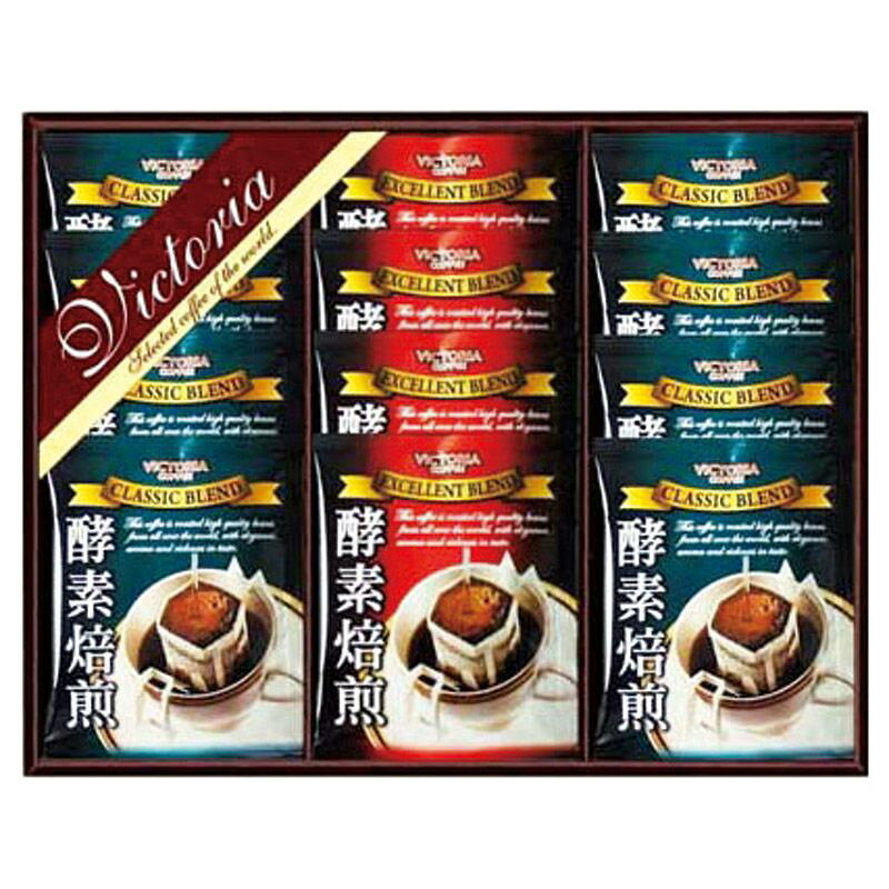 こちらの商品の配送について★北海道・沖縄・離島は配送不可となります。こちらの商品の包装(ラッピング)について○ラッピング・のし承ります（有料）。○「のし種類」と「のし名入れ」はご注文時備考欄にご記載下さい。（のしはラッピングと一緒にご注文下さい。のしのみのご指定は不可となります。）注文者名とお届け先名が異なる場合は「（注文者名）様ご依頼分」と送り状に記載して発送いたします。★ラッピング・のしをご指定の場合は、商品出荷まで5日程度かかります。高品質な珈琲豆を独自製法「酵素焙煎」。それぞれの珈琲豆の特性を活かし【味・香り・旨み】をバランスよく1杯に凝縮しました。【セット内容】クラシックブレンド（7g）×8、エクセレントブレンド（7g）×4【本体重量】0.2kg【箱サイズ】26×33×3.5cm【賞味期間】常温1年6ヶ月[ ドリップバッグ セット 詰め合わせ ギフト ]