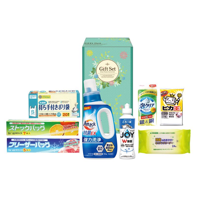 こちらの商品の配送について★北海道・沖縄・離島は配送不可となります。こちらの商品の包装(ラッピング)について○ラッピング・のし承ります（有料）。○「のし種類」と「のし名入れ」はご注文時備考欄にご記載下さい。（のしはラッピングと一緒にご注文下さい。のしのみのご指定は不可となります。）注文者名とお届け先名が異なる場合は「（注文者名）様ご依頼分」と送り状に記載して発送いたします。★ラッピング・のしをご指定の場合は、商品出荷まで5日程度かかります。花王アタック抗菌EXを中心とした毎日の暮らしに活躍するバラエティ洗剤セット【セット内容】花王アタック抗菌EX（750g）・P&G除菌ジョイコンパクト（170ml）・持ち手付きポリ袋S20枚・除菌キッチンクリーナー24枚・ストックバッグM7枚・フリーザーバッグM5枚・泡クリアスポンジ・ピカ王ミニ×各1【箱サイズ】13.5×16.5×28.5cm[ 洗剤ギフト 洗濯洗剤 セット ]