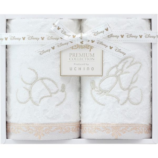 こちらの商品の包装(ラッピング)について○ラッピング・のし承ります（有料）。のし名入れはご注文時備考欄にご記載下さい。注文者名とお届け先名が異なる場合は「（注文者名）様ご依頼分」と送り状に記載して発送いたします。気品あふれるミッキーとミニーのアートをラメ刺繍で表現し、エレガントな模様で全体を華やかにデザインしました。誰にでも愛されるカラー展開で詰め合わせされたプレミアムギフトは、様々なシーンでおすすめです。【商品内容】●ゲストタオル2枚●内野（株）【商品サイズ】●約34×35cm【材質】●綿97％・レーヨン2％・ポリエステル1％【原産国】ベトナム【箱サイズ】21.5×18×7cm【箱入重量】235g【宅配区分】常温[ タオルギフト タオルセット ]