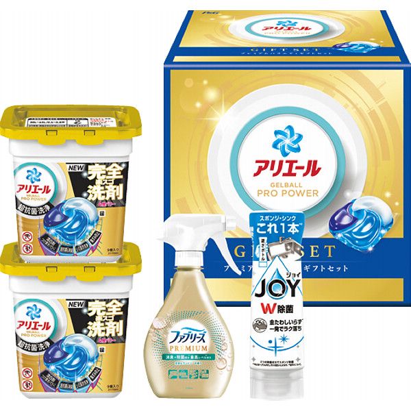 こちらの商品の包装(ラッピング)について○ラッピング・のし承ります（有料）。のし名入れはご注文時備考欄にご記載下さい。注文者名とお届け先名が異なる場合は「（注文者名）様ご依頼分」と送り状に記載して発送いたします。おうちでプロ級の洗浄力！最高量の洗浄成分を配合で、これまで諦めていた食べ物汚れを一発洗浄！徹底抗菌。【商品内容】●アリエールジェルボールプロパワー（本体）9個×2、除菌ジョイコンパクト逆さボトル290ml・ファブリーズ370ml×各1【原産国】日本【箱サイズ】20.4×20×20.5cm【箱入重量】1.5kg【宅配区分】常温[ 洗剤ギフト 洗濯洗剤 セット ]