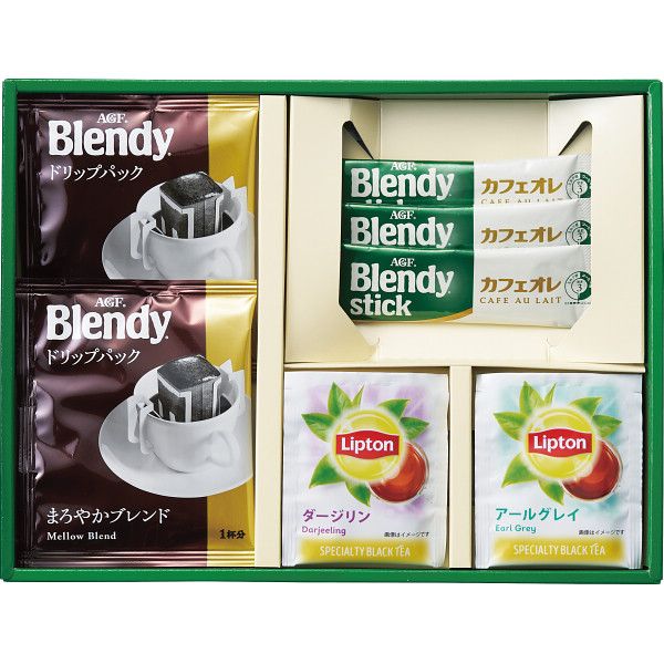 こちらの商品の包装(ラッピング)について○ラッピング・のし承ります（有料）。のし名入れはご注文時備考欄にご記載下さい。注文者名とお届け先名が異なる場合は「（注文者名）様ご依頼分」と送り状に記載して発送いたします。コーヒーも紅茶も、気分に合わせて楽しめる、コーヒー、カフェオレ、紅茶が入ったバラエティ豊かなギフトです。【商品内容】●AGFブレンディドリップコーヒー×2、AGFブレンディスティックカフェオレ×3、リプトンティーバッグ（アールグレイ・ダージリン）×各1【箱サイズ】26.5×20.3×2.8cm【箱入重量】173g【宅配区分】常温【賞味期間】365日【アレルゲン】乳成分[ ドリップバッグ ドリップコーヒー セット 詰め合わせ ギフト ]