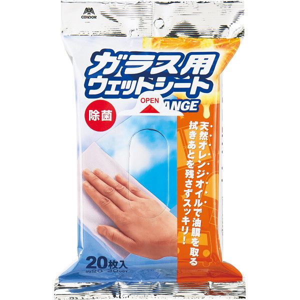 こちらの商品の包装(ラッピング)について○ラッピング・のし承ります（有料）。のし名入れはご注文時備考欄にご記載下さい。注文者名とお届け先名が異なる場合は「（注文者名）様ご依頼分」と送り状に記載して発送いたします。窓や鏡などのガラス用ウェットシート。オレンジオイル配合で手垢や油膜もスッキリ綺麗。拭き残しが少なく仕上がり綺麗。【商品内容】●ガラス用お掃除シート【商品サイズ】●（使用時）約21×29．5cm・本体重量＝約7．2g【材質】●ポリエステル、レーヨン、ポリプロピレン・液剤（エタノール、リモネン）【原産国】中国【箱サイズ】14×3.5×21.5cm【箱入重量】183g【宅配区分】常温