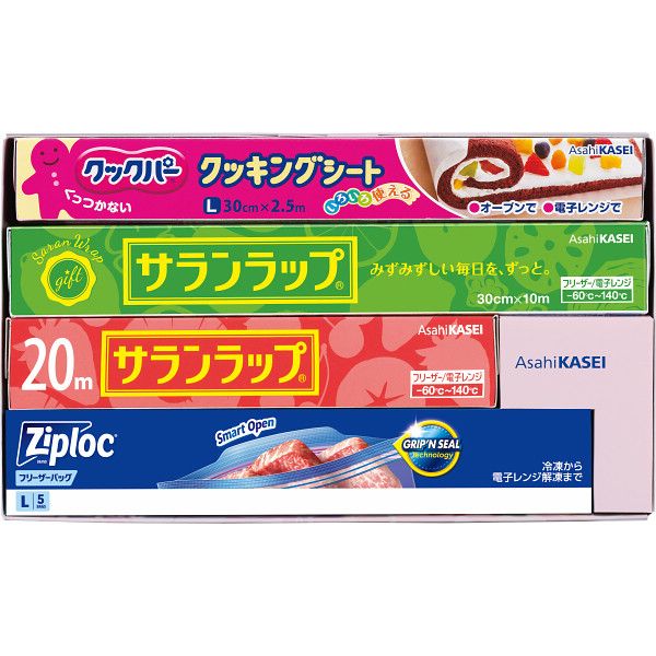 こちらの商品の包装(ラッピング)について○ラッピング・のし承ります（有料）。のし名入れはご注文時備考欄にご記載下さい。注文者名とお届け先名が異なる場合は「（注文者名）様ご依頼分」と送り状に記載して発送いたします。実用的な販促グッズです。【商品内容】●サランラップ（30cm×10m）・サランラップ（22cm×20m）・ジップロックフリーザーバッグ（L5枚入）・クックパークッキングシート（30cm×2．5m）各1【材質】●ポリ塩化ビニリデン・ポリエチレン・シリコーン樹脂加工耐油紙【原産国】日本製、タイ【加工地】日本【箱サイズ】31.7×18.6×5cm【箱入重量】570g【宅配区分】常温[ キッチン用品 消耗品 セット 詰め合わせ ギフト ]