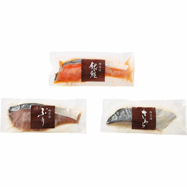 こちらの商品の包装(ラッピング)について○ラッピング・のし承ります（有料）。のし名入れはご注文時備考欄にご記載下さい。注文者名とお届け先名が異なる場合は「（注文者名）様ご依頼分」と送り状に記載して発送いたします。竹八が選び抜いた素材を伝統の味で漬け込み、素材本来の持ち味を引き出したこだわりの品です。【商品内容】●銀鮭西京漬70g×4、さわら西京漬・ぶり西京漬各70g×各3【原産国】銀鮭（チリ）・さわら（韓国）・ぶり（国産）【箱サイズ】44×19×3.6cm【箱入重量】860g【宅配区分】冷凍【賞味期間】60日【アレルゲン】さけ、大豆[ 海産物 漬け魚 惣菜 セット 詰め合わせ ギフト ]