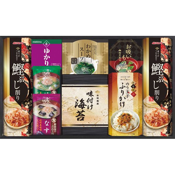 こちらの商品の包装(ラッピング)について○ラッピング・のし承ります（有料）。のし名入れはご注文時備考欄にご記載下さい。注文者名とお届け先名が異なる場合は「（注文者名）様ご依頼分」と送り状に記載して発送いたします。鰹節屋のこだわりのおみそ汁と和の詰合せです。【商品内容】●マルトモ鰹ぶし削り（2g×3）×2、三島食品ゆかりスティックタイプ（1．7g×4）・マルトモフリーズドライ即席みそ汁ほうれん草7．5g・マルトモフリーズドライ即席みそ汁なす7．4g・わかめスープ（5．3g×2・粉末）・有明海産味付け海苔（8切6枚×2）・永谷園お吸いもの松茸風味（2．3g×2・粉末）・のり玉子ふりかけ（4．5g×2）×各1【箱サイズ】42.5×25×7cm【箱入重量】600g【宅配区分】常温【賞味期間】360日【アレルゲン】卵、乳成分、小麦、えび、大豆、鶏肉、豚肉、ごま[ みそ汁 味噌汁 惣菜 セット 詰め合わせ ギフト ]