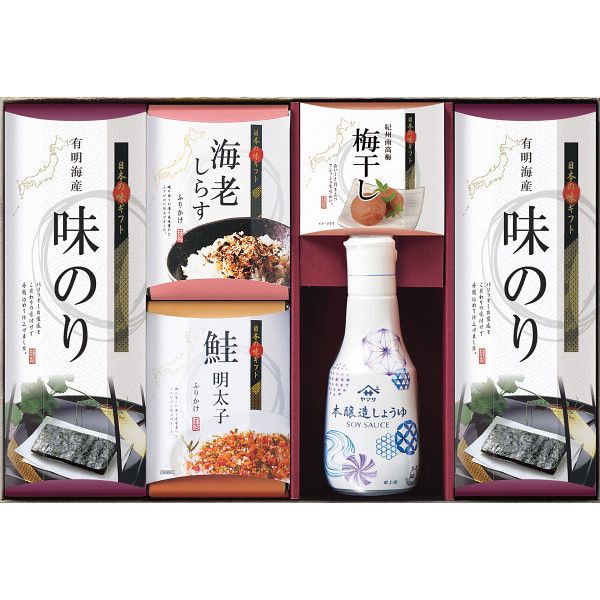 こちらの商品の包装(ラッピング)について○ラッピング・のし承ります（有料）。のし名入れはご注文時備考欄にご記載下さい。注文者名とお届け先名が異なる場合は「（注文者名）様ご依頼分」と送り状に記載して発送いたします。日本の味ギフト【商品内容】●味のり8切5枚×2×2、紀州梅干し1粒×2、本醸造しょうゆ200ml、海老しらすふりかけ3g×3、鮭めんたいこふりかけ4g×3【原産国】日本【箱サイズ】37×25×6.5cm【箱入重量】680g【宅配区分】常温【賞味期間】420日【アレルゲン】乳成分、小麦、えび、さけ、大豆、ごま、魚介類[ 海苔 セット 詰め合わせ ギフト ]