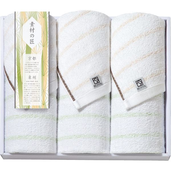 こちらの商品の包装(ラッピング)について○ラッピング・のし承ります（有料）。のし名入れはご注文時備考欄にご記載下さい。注文者名とお届け先名が異なる場合は「（注文者名）様ご依頼分」と送り状に記載して発送いたします。京都綾部紡績が「吸水・拭き取り・やわらかさ」を追求し、一本の糸に太い部分と細かい部分のあるタオル専用糸を開発。糸の太い部分が水分を素早く吸収し、細い部分がやわらかと心地よい手ざわりを実現。大阪泉州伝統の後晒し製法で、吸水性に優れたタオルに仕上げました。【商品内容】●フェイスタオル3枚【商品サイズ】●約34×75cm【材質】●綿100％【原産国】日本【箱サイズ】32×28×4cm【箱入重量】410g【宅配区分】常温[ タオルギフト タオルセット ]