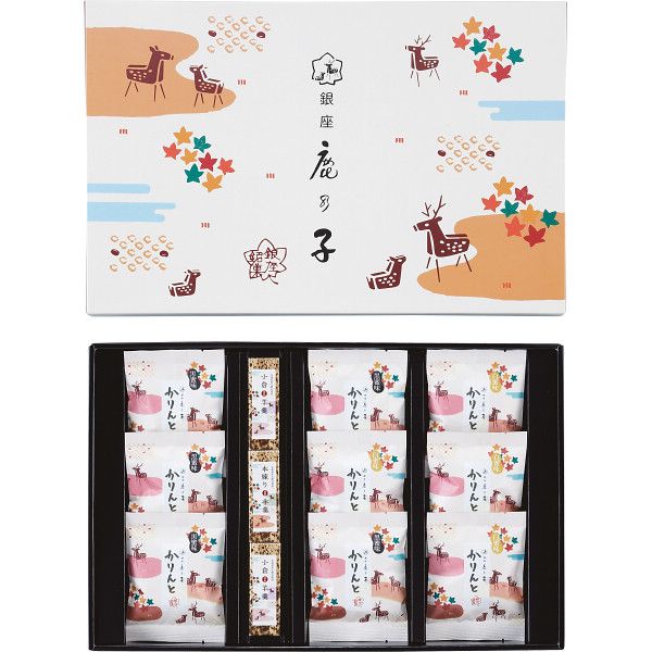 こちらの商品の包装(ラッピング)について○ラッピング・のし承ります（有料）。のし名入れはご注文時備考欄にご記載下さい。注文者名とお届け先名が異なる場合は「（注文者名）様ご依頼分」と送り状に記載して発送いたします。昭和21年より永年手づくり和菓子を探求してきた銘店「銀座鹿乃子」監修の和菓子詰合せをぜひご賞味ください。【商品内容】●黒蜜かりんとう10g×5、白蜜かりんとう10g×4、羊羹（小倉）50g×2、羊羹（本練）50g×1【箱サイズ】44.5×29×3.5cm【箱入重量】625g【宅配区分】常温【賞味期間】360日【アレルゲン】乳成分、小麦[ お菓子 和菓子 スイーツギフト セット 詰め合わせ ]